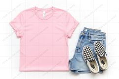 Pink t-shirt mockup with denim shorts and checkered vans moc Product Image 1