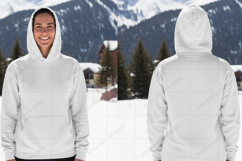 White hoodie in snowy mountain landscape t-shirt mockup Product Image 1