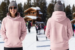 Women's pink hoodie with drawstring t-shirt mockup design Product Image 1