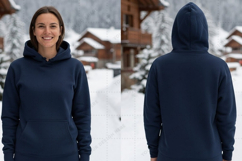 Navy blue hooded sweatshirt in snowy t-shirt mockup design Product Image 1