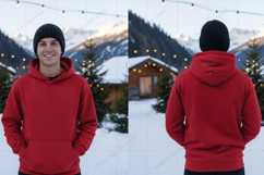 Red hoodie with snowy mountain t-shirt mockup design Product Image 1