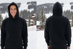 Unisex black hoodie in snowy mountain t-shirt mockup design Product Image 1