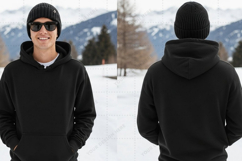 Black hoodie in snowy mountain landscape t-shirt mockup Product Image 1