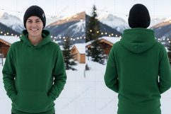 Green hoodie in snowy mountain village t-shirt mockup design Product Image 1