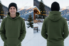 Olive green hooded sweatshirt with drawstring t-shirt mockup Product Image 1