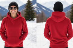 Red hoodie in snowy mountain landscape t-shirt mockup Product Image 1