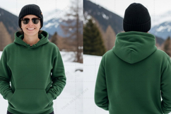 Green hoodie with drawstring in snowy mountain landscape moc Product Image 1