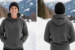 Unisex grey hoodie with black beanie t-shirt mockup Product Image 1