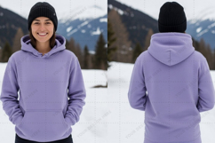 Purple hoodie with drawstring in snowy t-shirt mockup design Product Image 1