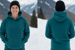 Teal hoodie in snowy mountain landscape t-shirt mockup Product Image 1