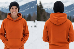 Orange hoodie with drawstring in snowy t-shirt mockup design Product Image 1