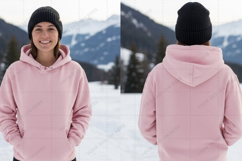 Pink hoodie with pockets in snow t-shirt mockup design Product Image 1