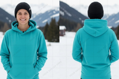 Teal hoodie with drawstring in snowy t-shirt mockup design Product Image 1