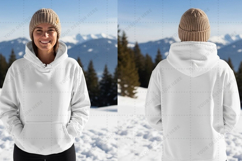 White hoodie with pockets in snowy t-shirt mockup design Product Image 1