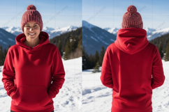 Red hooded sweatshirt with pom-pom t-shirt mockup design Product Image 1