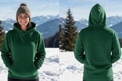 Green hoodie in snowy mountain landscape t-shirt mockup desi Product Image 1