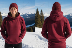 Unisex burgundy hoodie in snowy mountain setting t-shirt moc Product Image 1