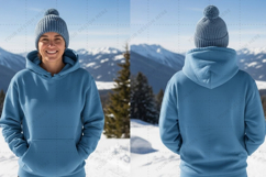 Blue hoodie with drawstring in snowy t-shirt mockup design Product Image 1