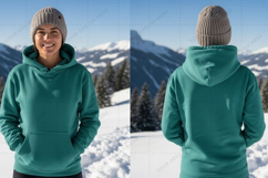 Green hooded sweatshirt with front pocket t-shirt mockup des Product Image 1