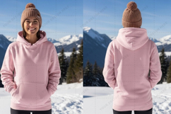 Women's pink hoodie with front pocket t-shirt mockup design Product Image 1