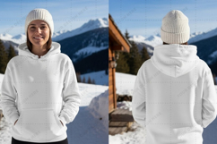 White hoodie with pocket in snowy t-shirt mockup design Product Image 1