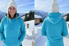 Turquoise hoodie with white pom-pom beanie t-shirt mockup de Product Image 1
