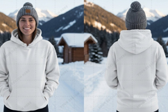 Women's winter hoodie in snowy mountain t-shirt mockup desig Product Image 1