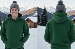 Green hoodie t-shirt mockup in snowy t-shirt mockup design Product Image 1