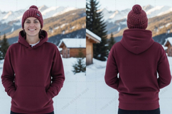 Women's burgundy hoodie in snowy t-shirt mockup design Product Image 1