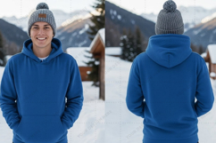Blue hoodie with snowy mountain t-shirt mockup design Product Image 1