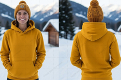 Mustard yellow hoodie with pom pom beanie t-shirt mockup des Product Image 1