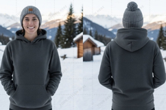 Unisex grey hoodie in snowy mountain setting t-shirt mockup Product Image 1