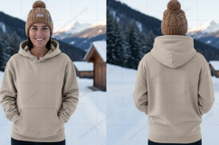 Women's winter hoodie in beige t-shirt mockup design Product Image 1
