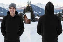Black hoodie in snowy mountain landscape t-shirt mockup desi Product Image 1