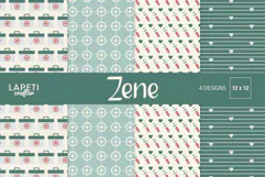 Four medical digital papers with first aid kits, syringes, hearts and healthcare symbols