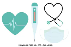 Four medical clipart illustrations with heart thermometer stethoscope and mask