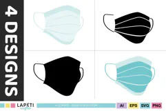 Four surgical-style face mask graphics with ear loops and clean minimal shapes for hygiene educational materials.Four surgical-style face mask graphics with ear loops and clean minimal shapes for hygiene educational materials.