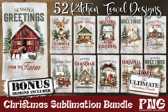 Large Christmas PNG bundle with printable bookmarks, magnetic bookmarks, round ornaments, Christmas kitchen towels and 20oz tumbler wraps shown as holiday craft designs for Cricut and Silhouette as printable and sublimation artwork.