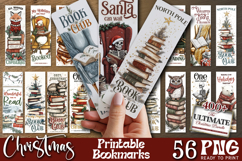 Large Christmas PNG bundle with printable bookmarks, magnetic bookmarks, round ornaments, Christmas kitchen towels and 20oz tumbler wraps shown as holiday craft designs for Cricut and Silhouette as printable and sublimation artwork.