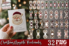 Large Christmas PNG bundle with printable bookmarks, magnetic bookmarks, round ornaments, Christmas kitchen towels and 20oz tumbler wraps shown as holiday craft designs for Cricut and Silhouette as printable and sublimation artwork.