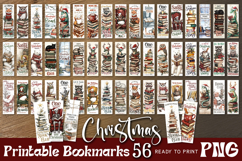 Large Christmas PNG bundle with printable bookmarks, magnetic bookmarks, round ornaments, Christmas kitchen towels and 20oz tumbler wraps shown as holiday craft designs for Cricut and Silhouette as printable and sublimation artwork.
