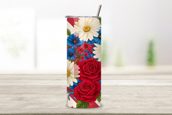 seamless memorial day tumbler, patriotic floral tumbler wrap, watercolor star tumbler design, 20oz skinny tumbler wrap, tapered seamless tumbler design, straight tumbler wrap png, memorial day floral design, seamless floral tumbler wrap, patriotic waterco
