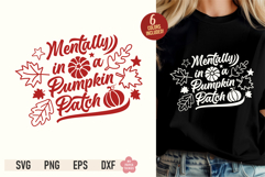 Mentally in a Pumpkin Patch SVG PNG design with retro script typography and cute pumpkins displayed on a black t-shirt mockup