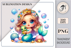 Adorable ocean-themed clipart of little mermaid girl holding a smiling sea turtle, ideal for baby shower printables and kids crafts.