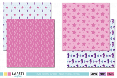 Digital paper with cute mermaid characters and shell patterns in pastel blue tones