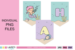 Individual PNG files of each pastel banner flag with letters and mermaid illustrations for birthday party decoration