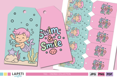 Printable mermaid favor tags with pink and aqua design, perfect for kids birthday party gift bags.