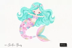 Watercolor Pastel Blue Hair Mermaid Clipart | Mermaid PNG Product Image 1