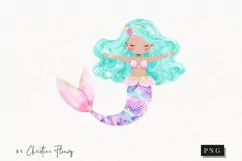 Watercolor Pastel Blue Hair Mermaid Clipart | Mermaid PNG Product Image 1