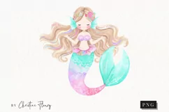 Watercolor Pastel Brunette Mermaid Clipart | Mermaid PNG Product Image 1